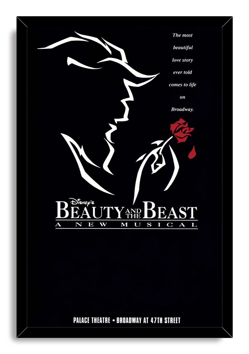Beauty and the Beast framed wall art print with a black border, white profile silhouettes, red rose, and Palace Theatre Broadway lettering.