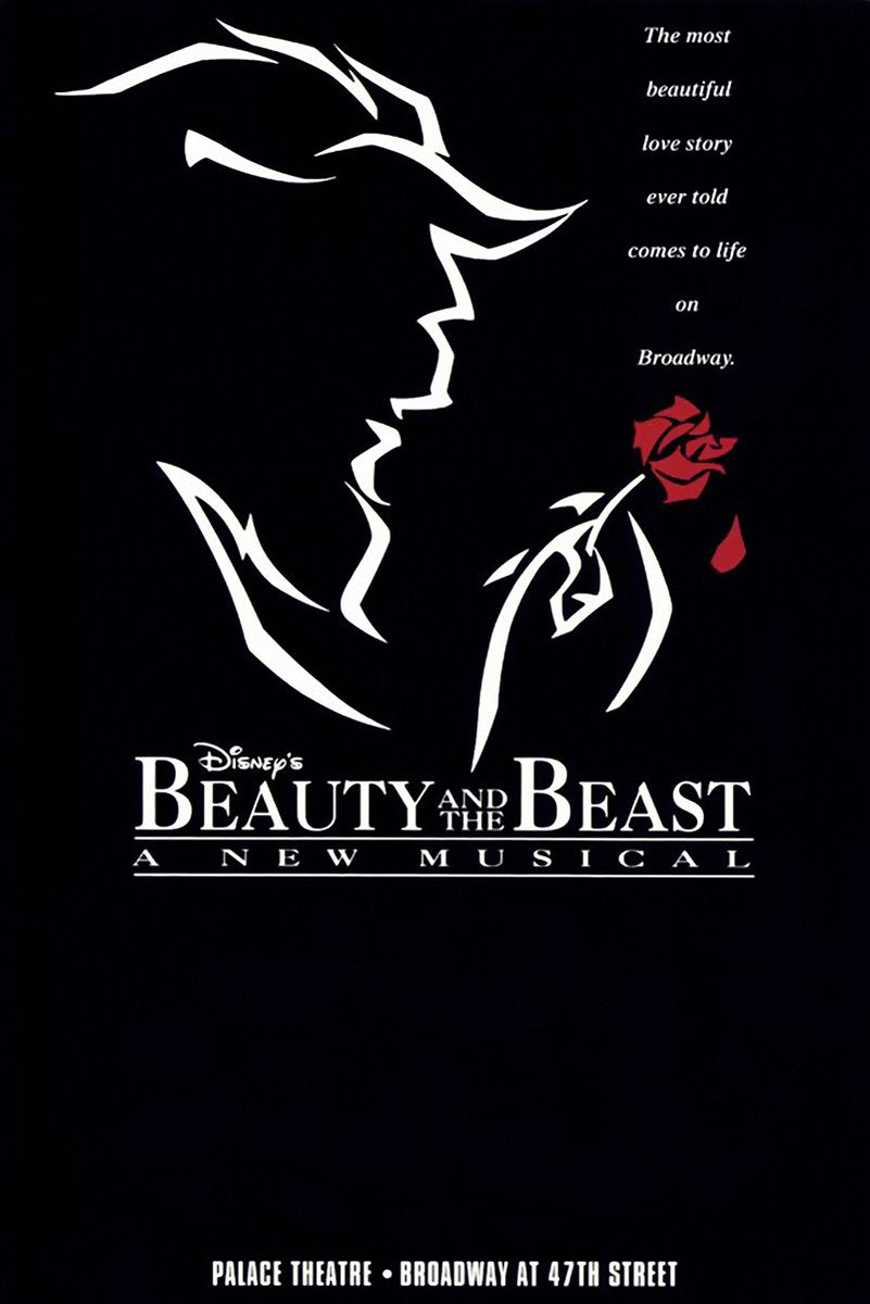 Beauty and the Beast musical poster with white line silhouettes of Belle and the Beast, a red rose, and Broadway text on black.