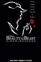Beauty and the Beast musical poster with white line silhouettes of Belle and the Beast, a red rose, and Broadway text on black.