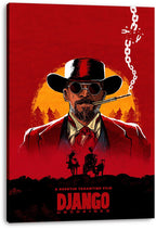 Django Unchained canvas wall art print featuring a cowboy with cigar before an orange sunset, rider and carriage silhouettes.