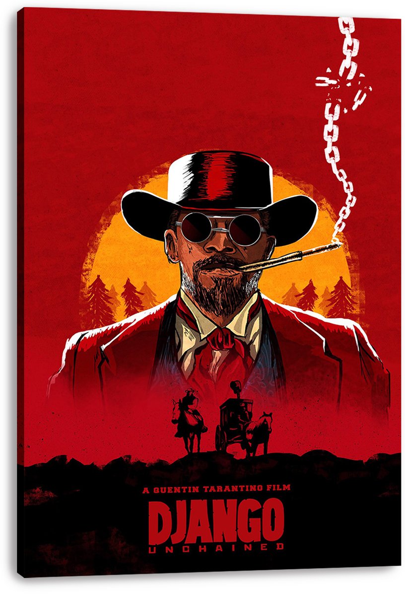 Django Unchained canvas wall art print featuring a cowboy with cigar before an orange sunset, rider and carriage silhouettes.