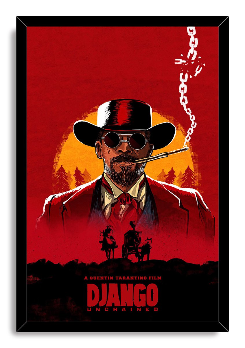 Django Unchained framed wall art print depicting a cowboy in dark glasses, broken chain, sunset pines, and carriage silhouettes.