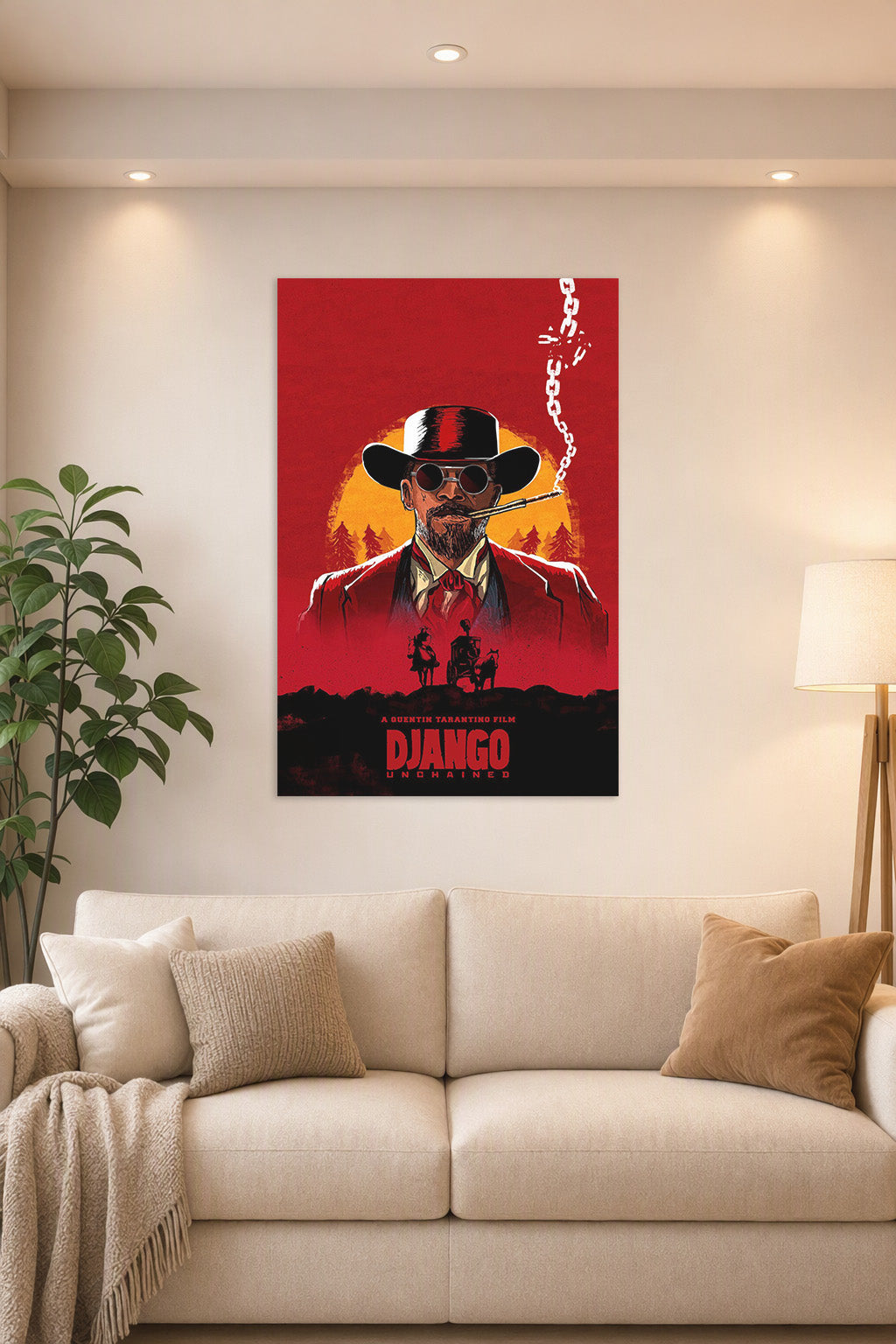 Django in a bright living room above a beige sofa.