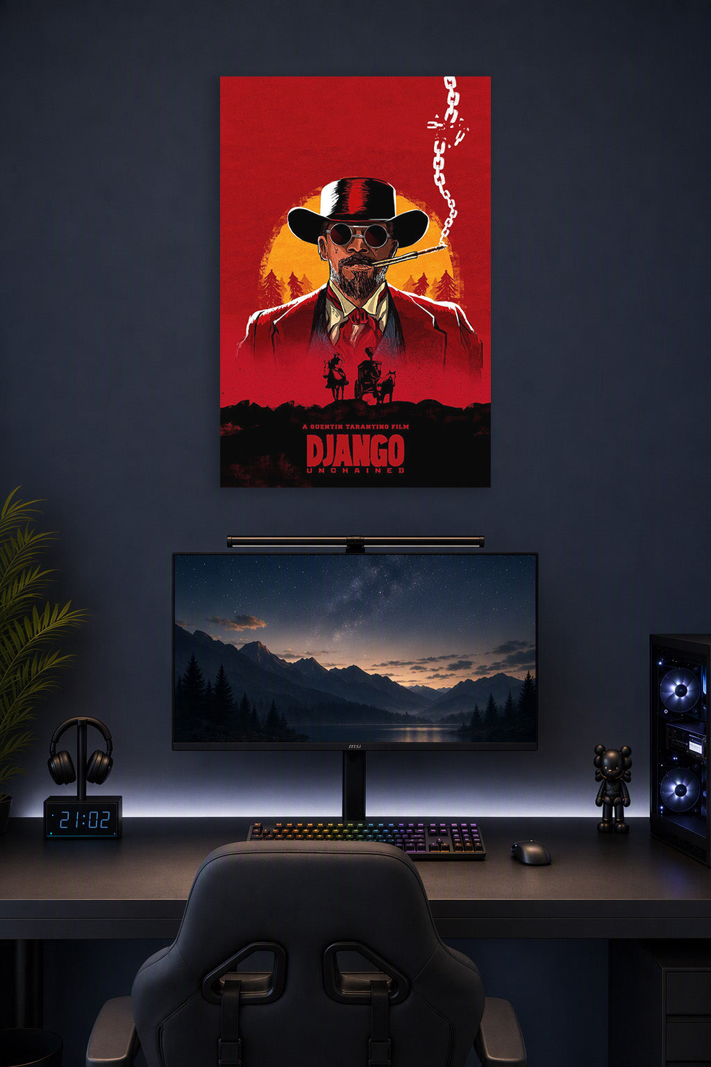 Django in a gaming desk setup above a monitor.