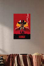 Django in a cozy movie room above a brown sofa with popcorn.