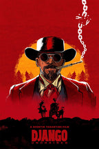 Django Unchained poster with a cowboy in black hat and round sunglasses, cigar, broken chain, and orange sunset.