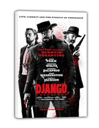 Django Unchained canvas wall art print displaying three Western-dressed men, revolvers, black-and-white portraits, and red lettering.