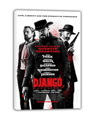 Django Unchained canvas wall art print displaying three Western-dressed men, revolvers, black-and-white portraits, and red lettering.