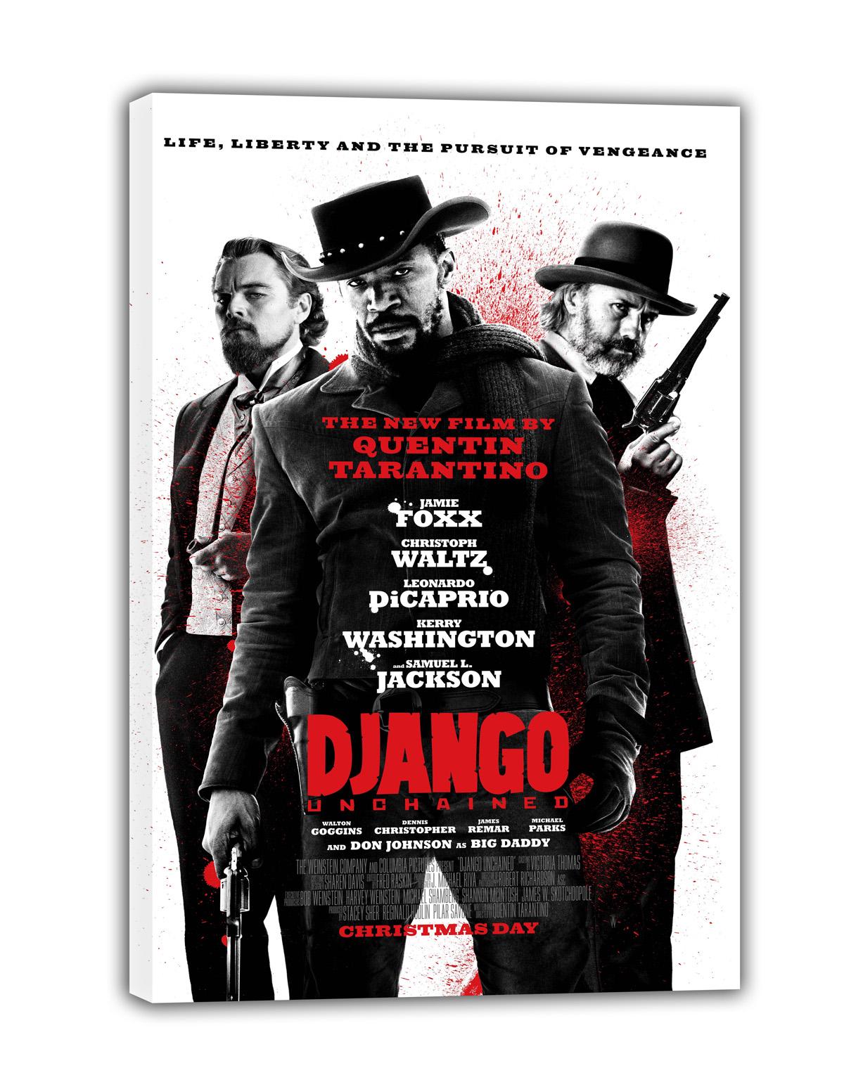 Django Unchained canvas wall art print displaying three Western-dressed men, revolvers, black-and-white portraits, and red lettering.