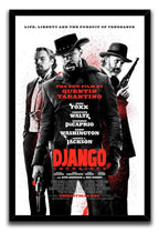 Django Unchained framed wall art print with a black border, three armed Western figures, red splashes, and large red title text.