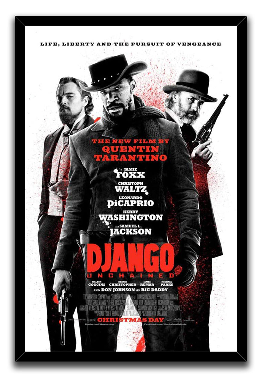 Django Unchained framed wall art print with a black border, three armed Western figures, red splashes, and large red title text.