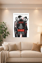 Django Unchained Movie Poster in a bright living room above a beige sofa.