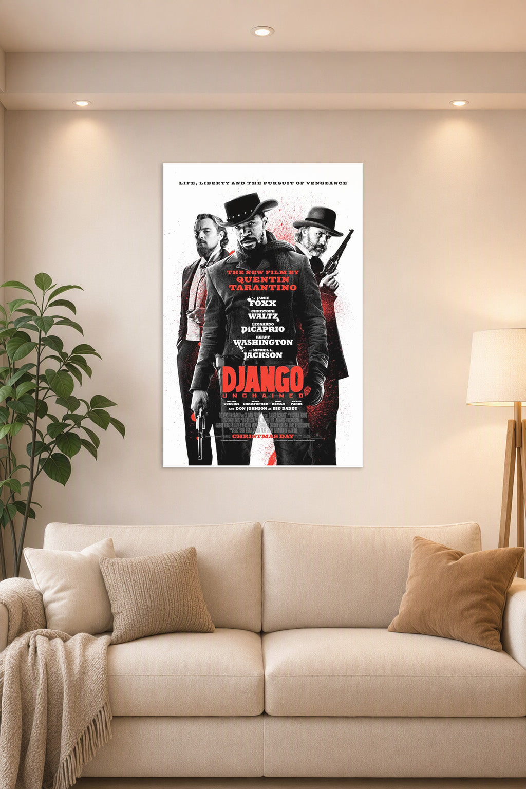 Django Unchained Movie Poster in a bright living room above a beige sofa.