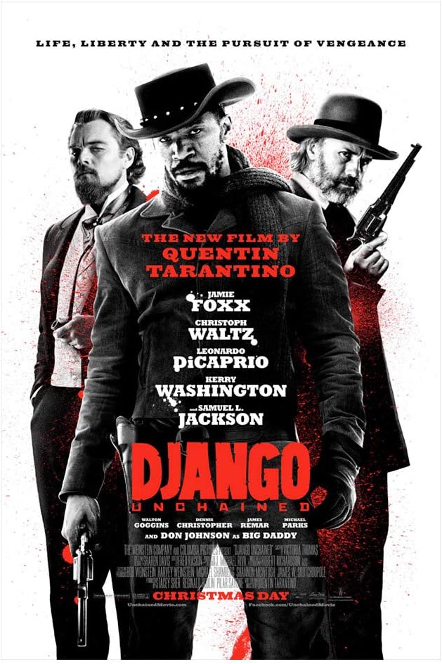 Django Unchained movie poster wall art print with three stern men in Western hats, guns, red splatter, and bold red title text.