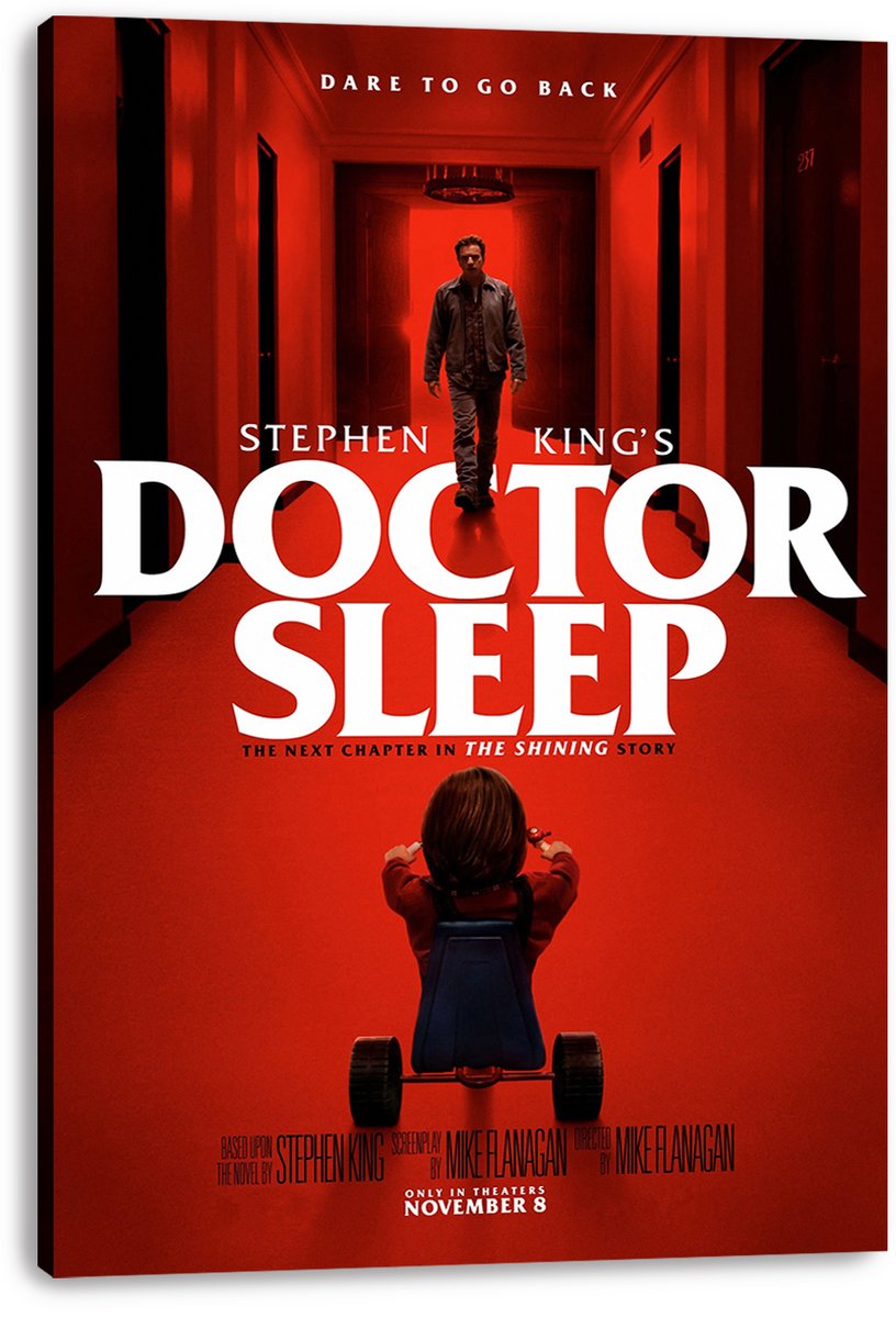 Doctor Sleep canvas wall art print featuring a red corridor, a walking man, and a child on a tricycle.