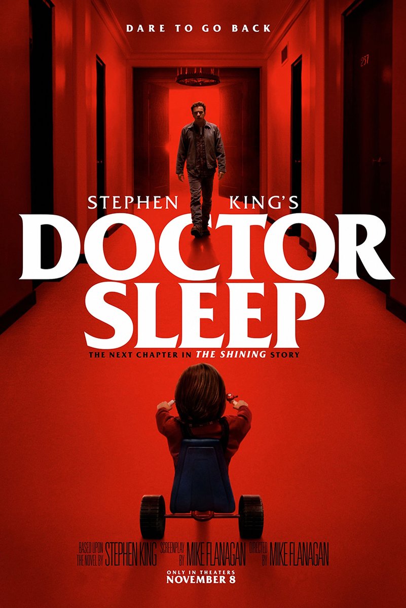 Doctor Sleep poster with a man walking down a red hotel hallway toward a child seated on a tricycle.