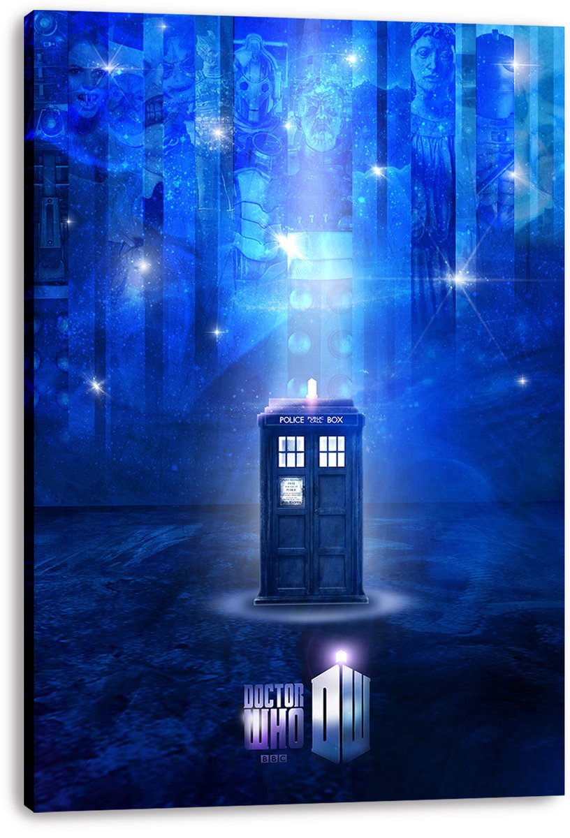 Doctor Who canvas wall art print displays the TARDIS on a luminous blue floor below shadowy villain portraits and starbursts.