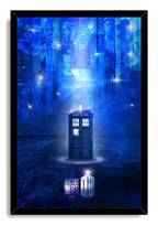 Doctor Who framed wall art print presents the TARDIS amid blue cosmic light, villain panels, stars, and a black border.