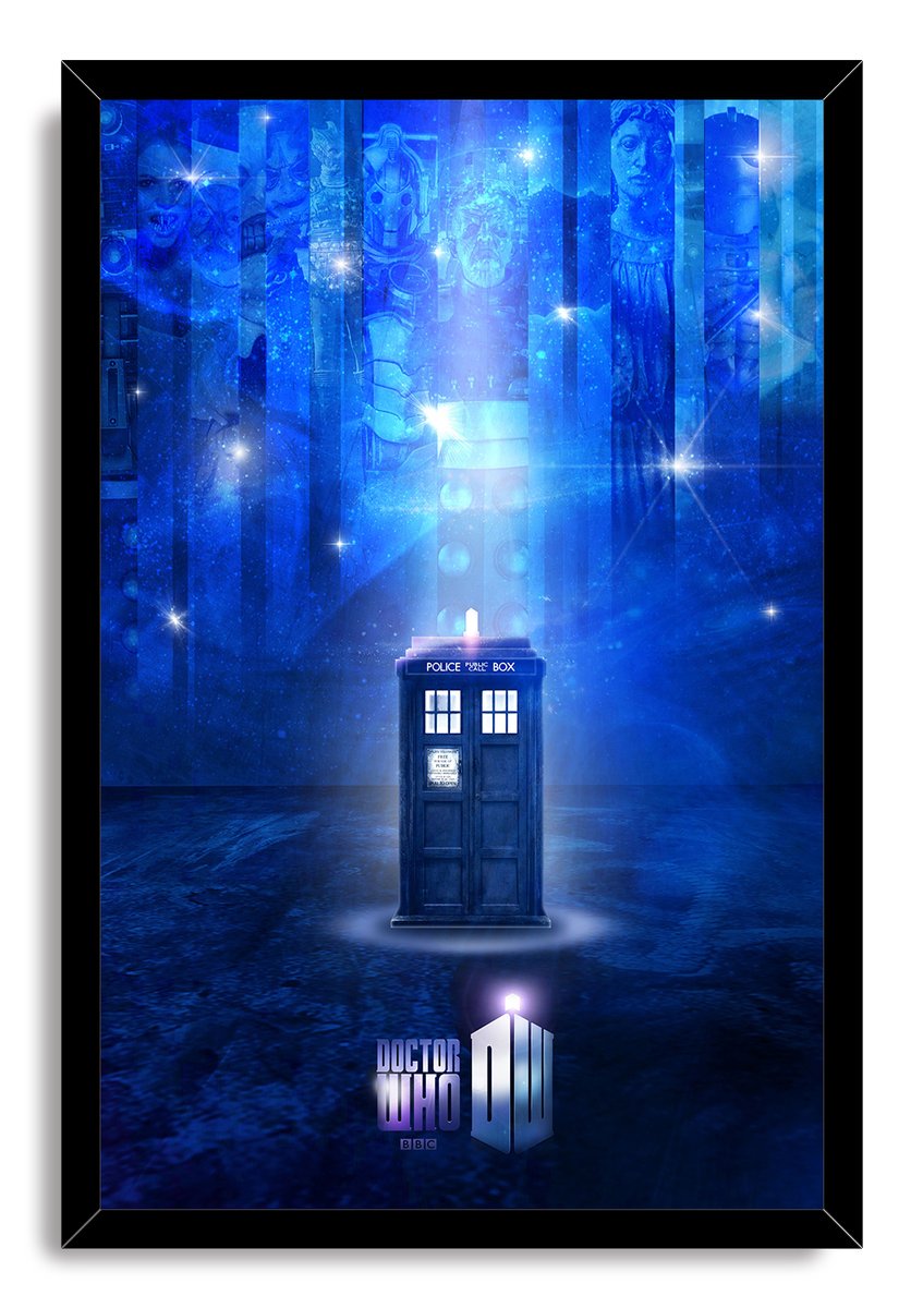 Doctor Who framed wall art print presents the TARDIS amid blue cosmic light, villain panels, stars, and a black border.