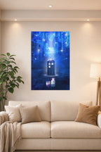 Doctor Who TARDIS and Villains in a bright living room above a beige sofa.