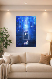 Doctor Who TARDIS and Villains in a bright living room above a beige sofa.
