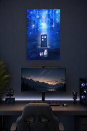Doctor Who TARDIS and Villains in a gaming desk setup above a monitor.