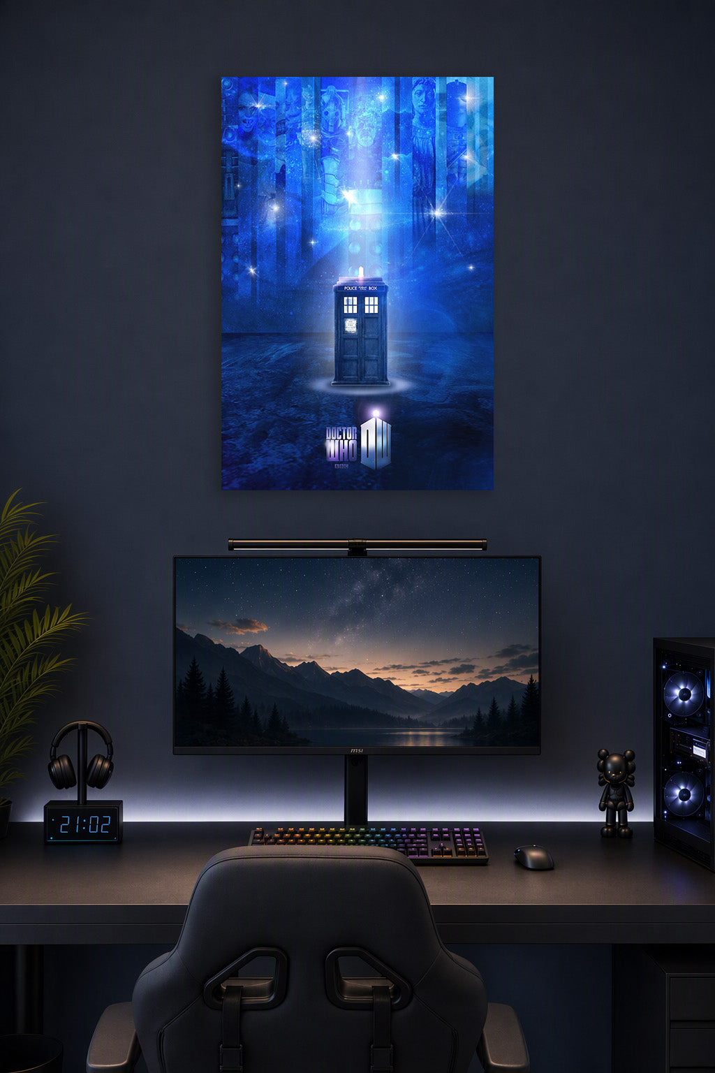 Doctor Who TARDIS and Villains in a gaming desk setup above a monitor.