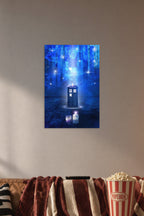 Doctor Who TARDIS and Villains in a cozy movie room above a brown sofa with popcorn.