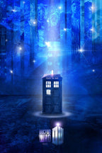 Doctor Who wall art print features the blue TARDIS beneath glowing cosmic panels of villains, stars, and the series logo.