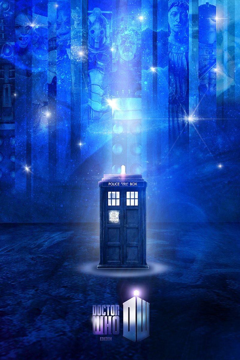 Doctor Who wall art print features the blue TARDIS beneath glowing cosmic panels of villains, stars, and the series logo.