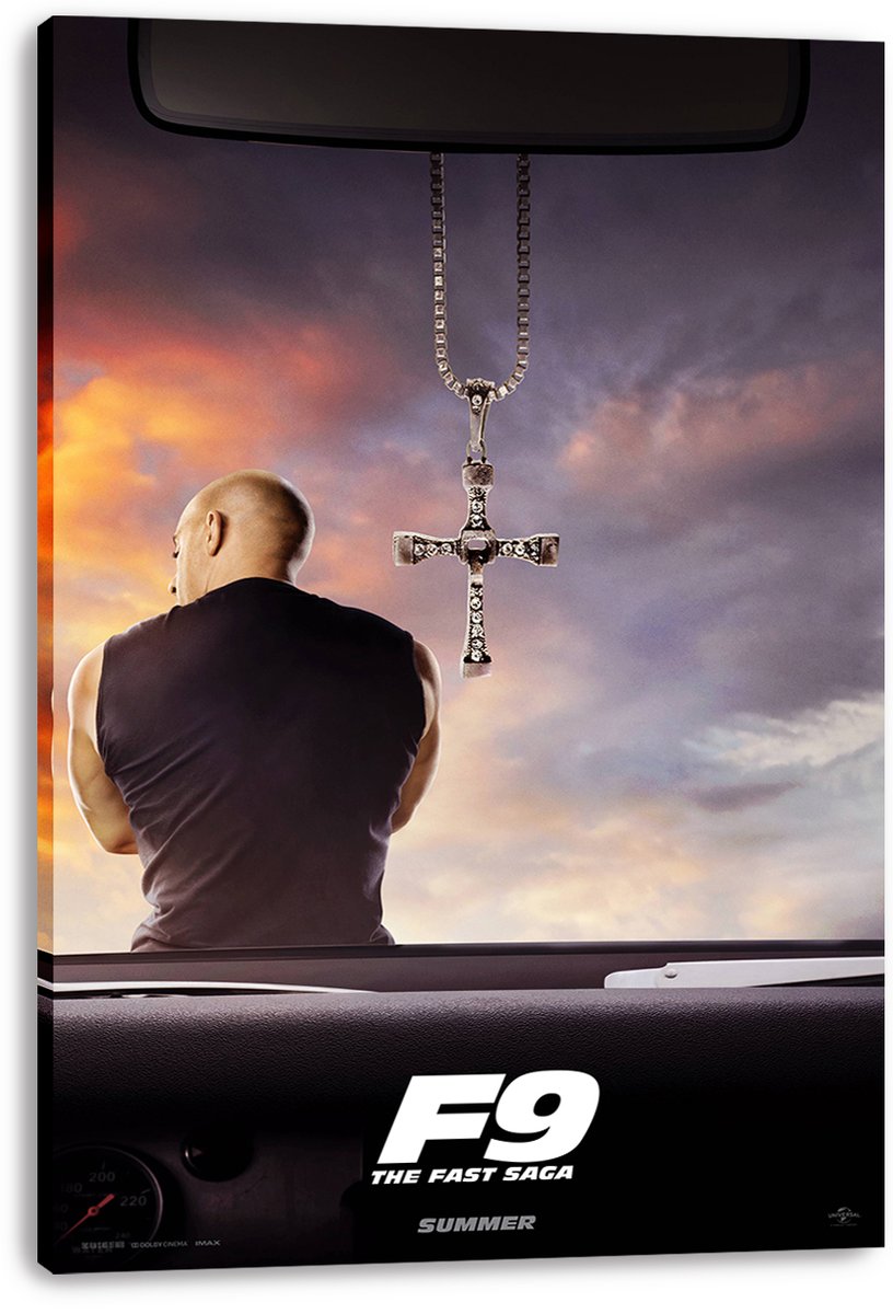 Dominick Toretto F9 canvas wall art print, featuring his back, a suspended cross pendant, dashboard, and cloudy sunset sky.