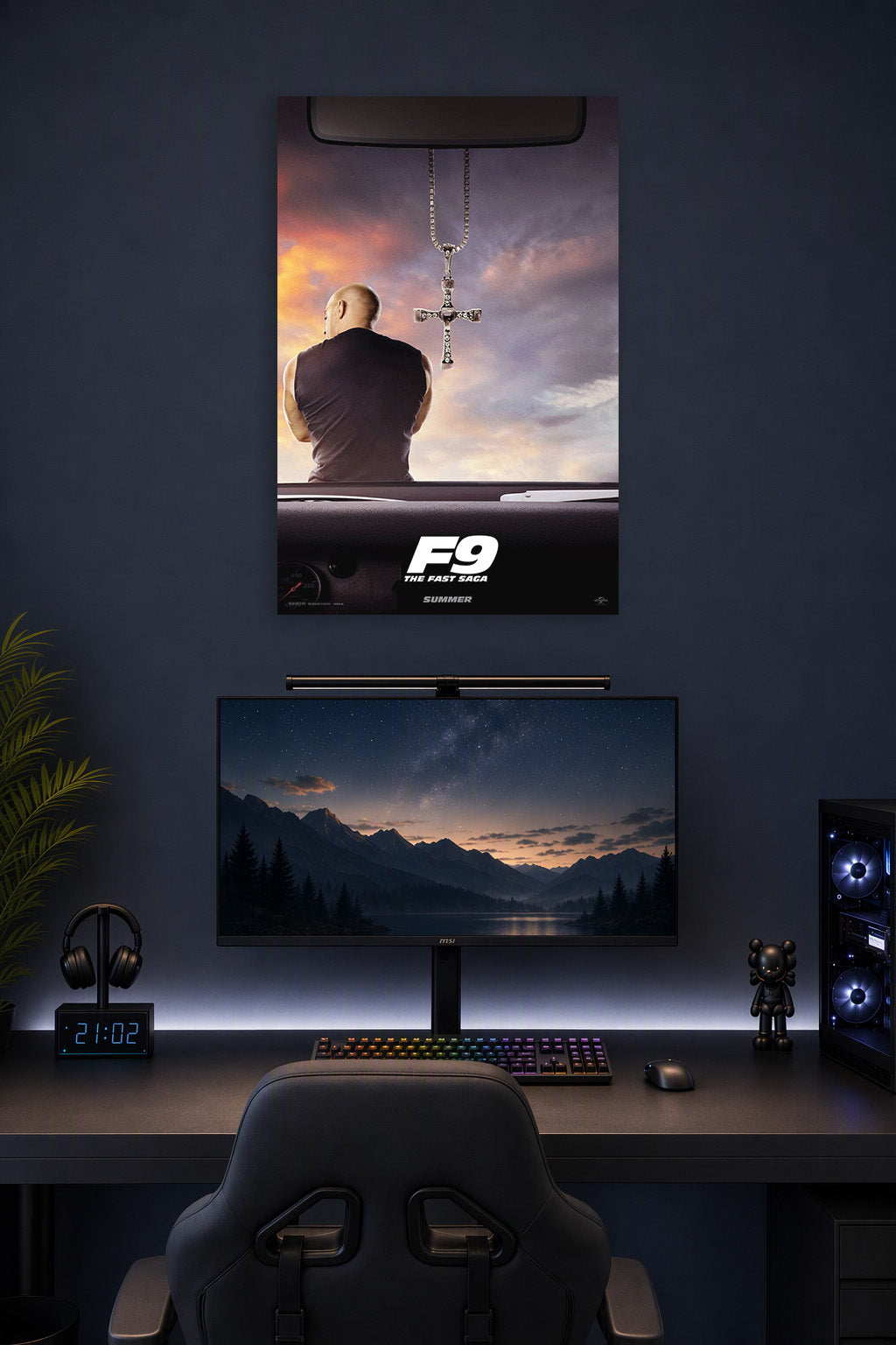 Dominick Toretto Fast & Furious in a gaming desk setup above a monitor.
