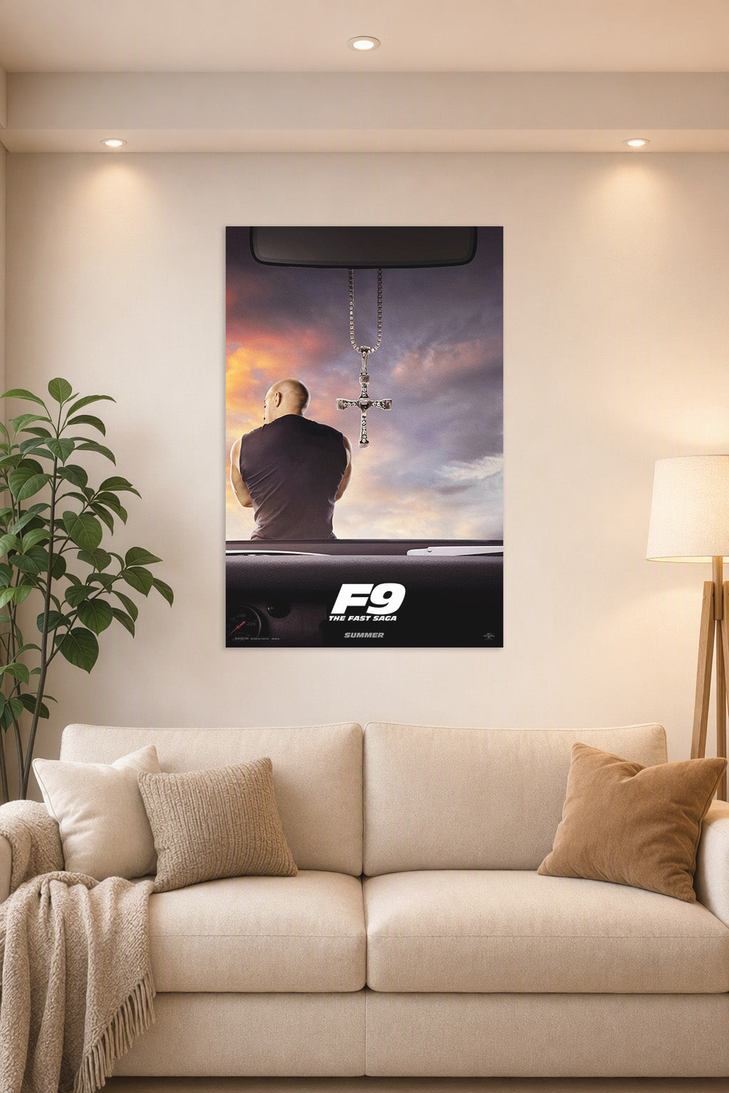 Dominick Toretto Fast & Furious in a bright living room above a beige sofa.