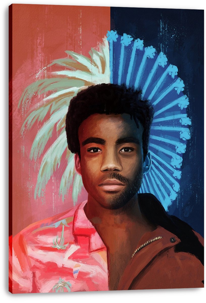 Donald Glover canvas wall art print featuring a central painted portrait, palm-like brushstrokes, and red and blue split backdrop.