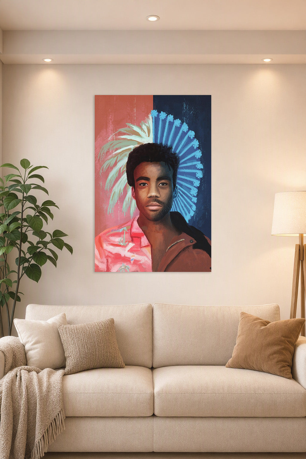 Donald Glover / Childish Gambino in a bright living room above a beige sofa.