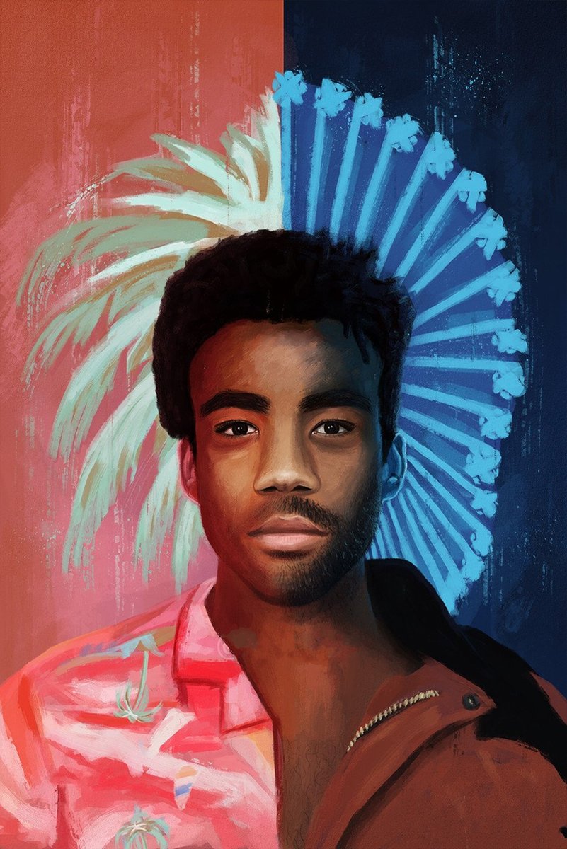 Donald Glover wall art print with a painted portrait in a pink shirt, divided by coral red and deep blue backgrounds.