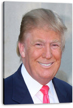 Donald Trump canvas wall art print featuring a smiling portrait in a navy suit and pink tie, displayed with wrapped edges.