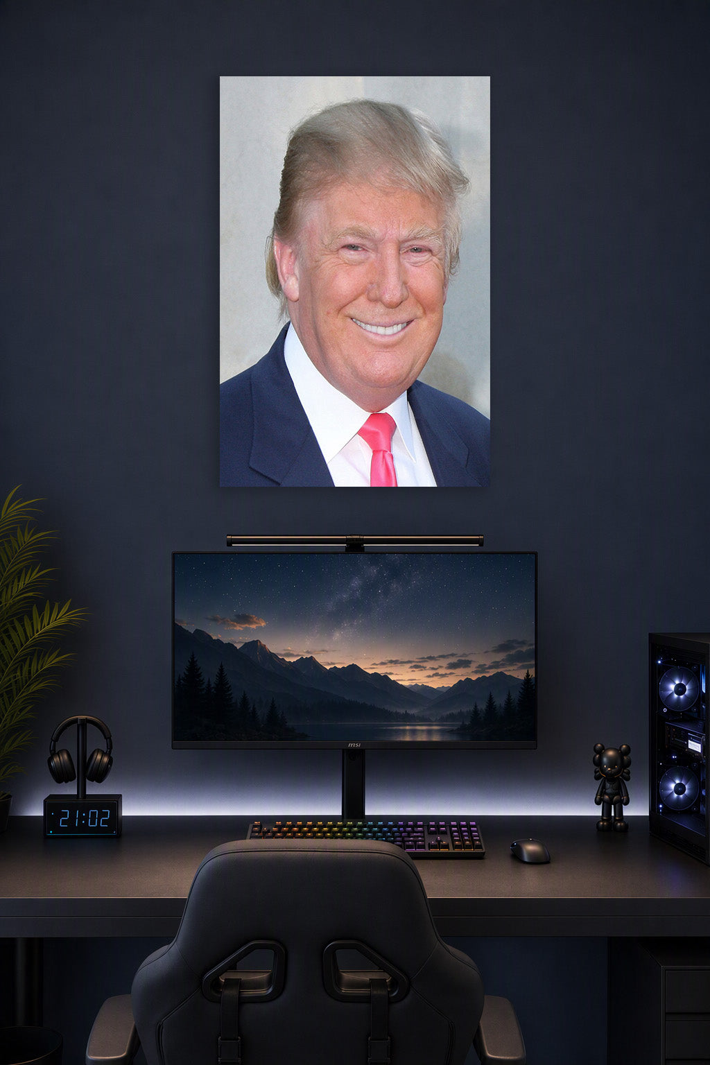 Donald Trump in a gaming desk setup above a monitor.