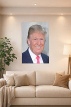 Donald Trump in a bright living room above a beige sofa.