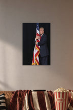 Donald Trump and American Flag in a cozy movie room above a brown sofa with popcorn.