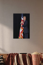 Donald Trump and American Flag in a cozy movie room above a brown sofa with popcorn.