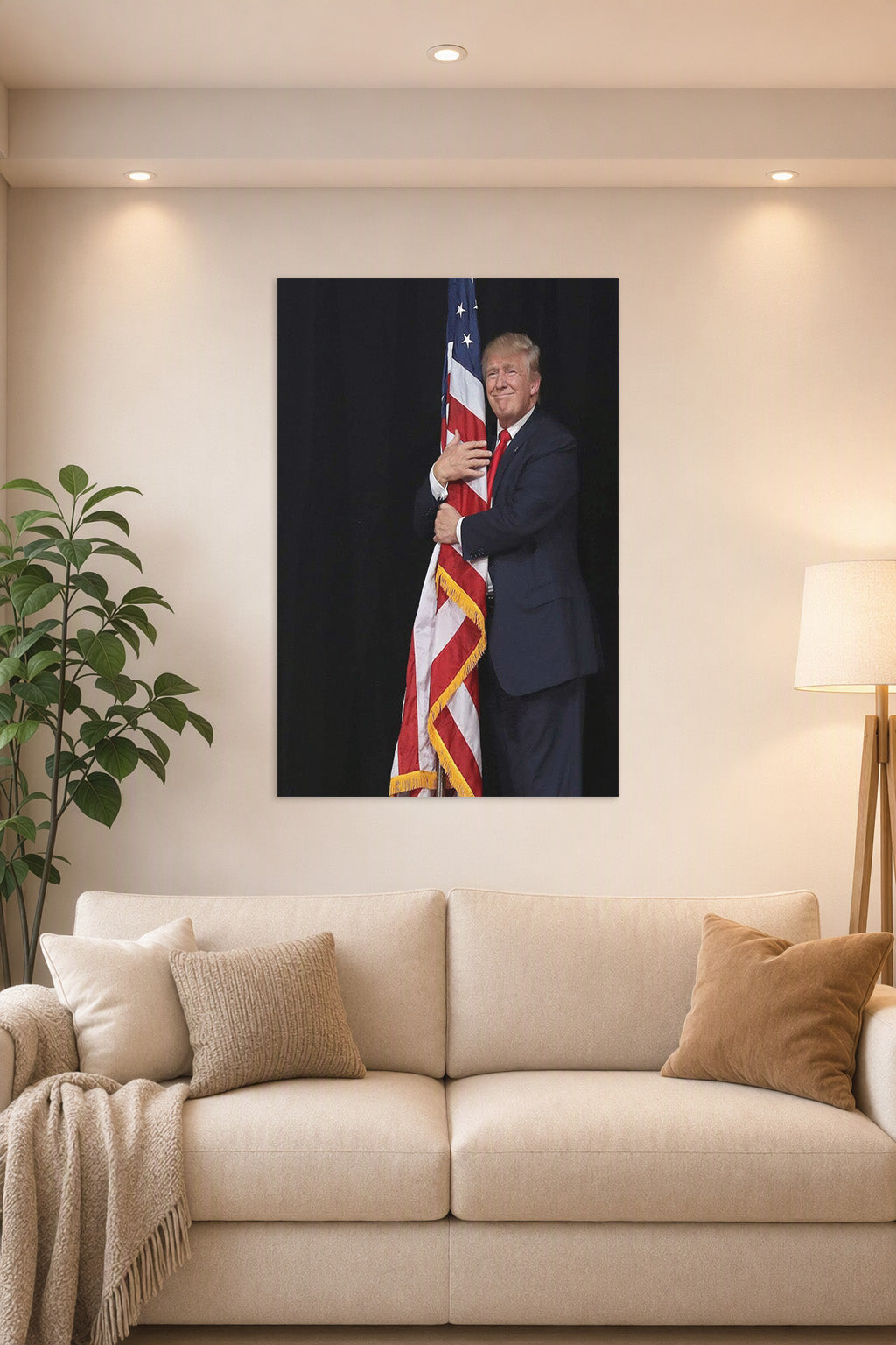 Donald Trump and American Flag in a bright living room above a beige sofa.