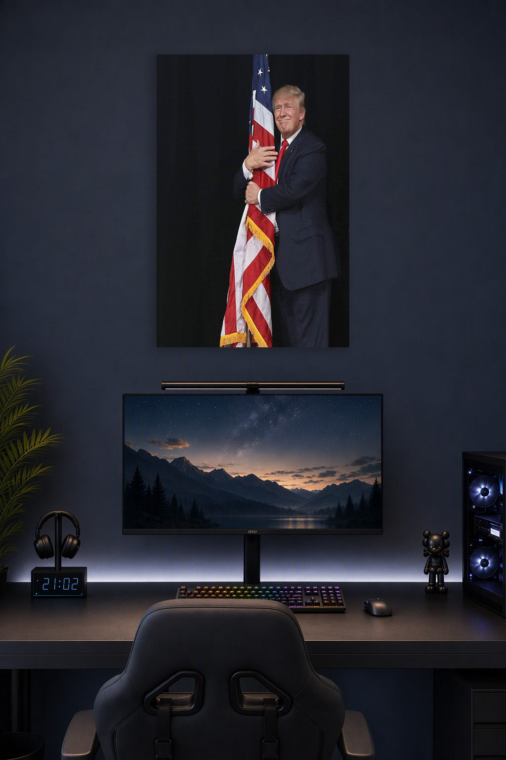 Donald Trump and American Flag in a gaming desk setup above a monitor.