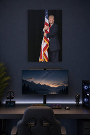 Donald Trump and American Flag in a gaming desk setup above a monitor.
