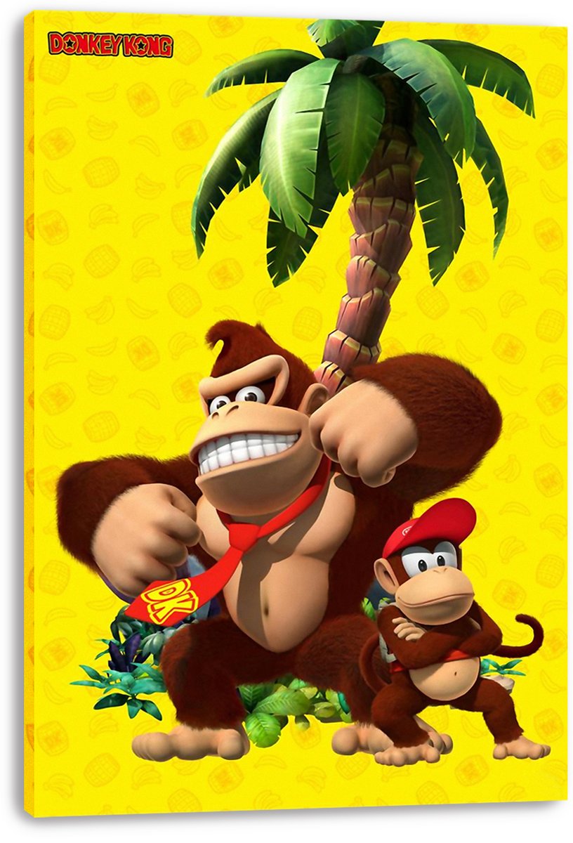 Donkey Kong canvas wall art print displays Donkey Kong and Diddy Kong posing under a palm tree against a bright yellow banana motif.