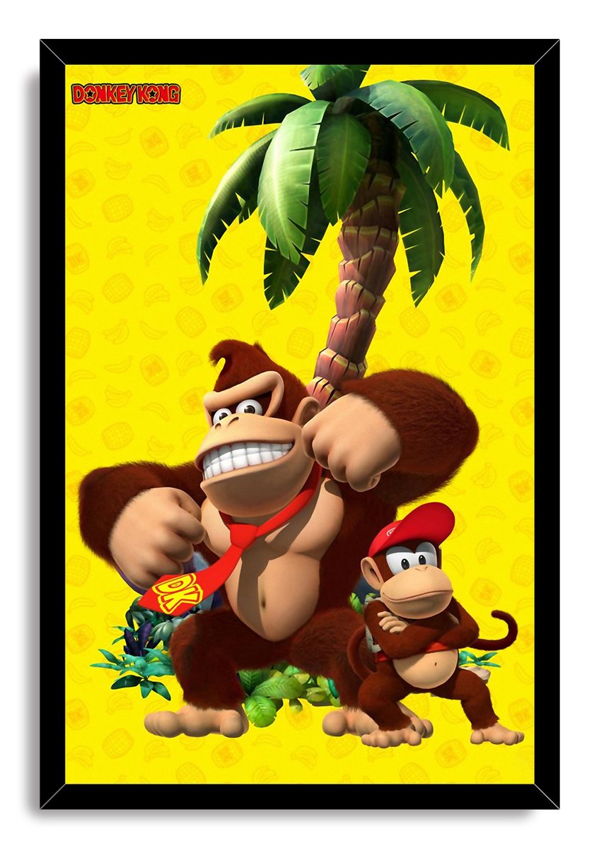 Donkey Kong framed wall art print depicts Donkey Kong punching forward with Diddy Kong under a tropical palm on a yellow patterned backdrop.
