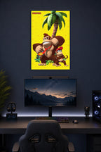 Donkey Kong and Diddy Kong in a gaming desk setup above a monitor.