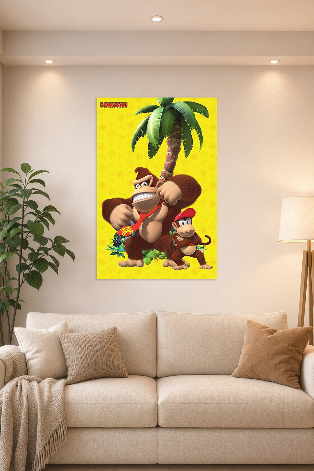Donkey Kong and Diddy Kong in a bright living room above a beige sofa.