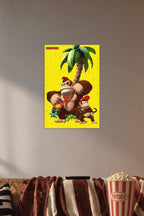 Donkey Kong and Diddy Kong in a cozy movie room above a brown sofa with popcorn.