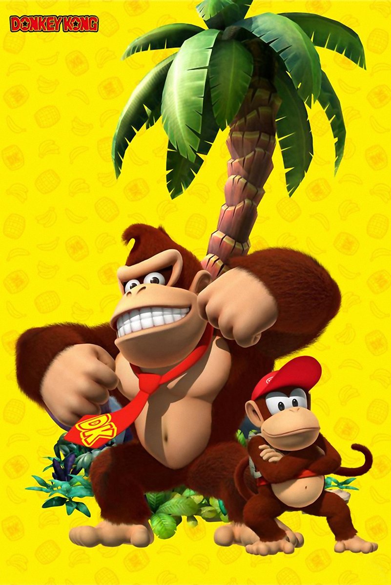 Donkey Kong poster features Donkey Kong punching forward beside Diddy Kong beneath a palm tree on yellow banana-patterned background.